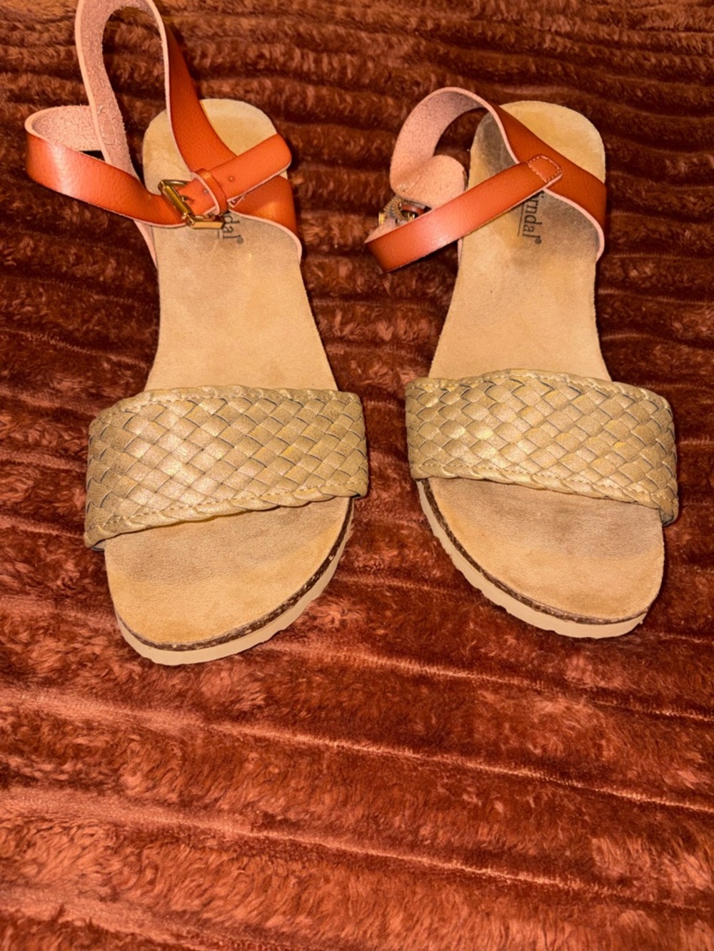 Woven Front-Strap Sandals with Ankle Buckle - Brown and gold
